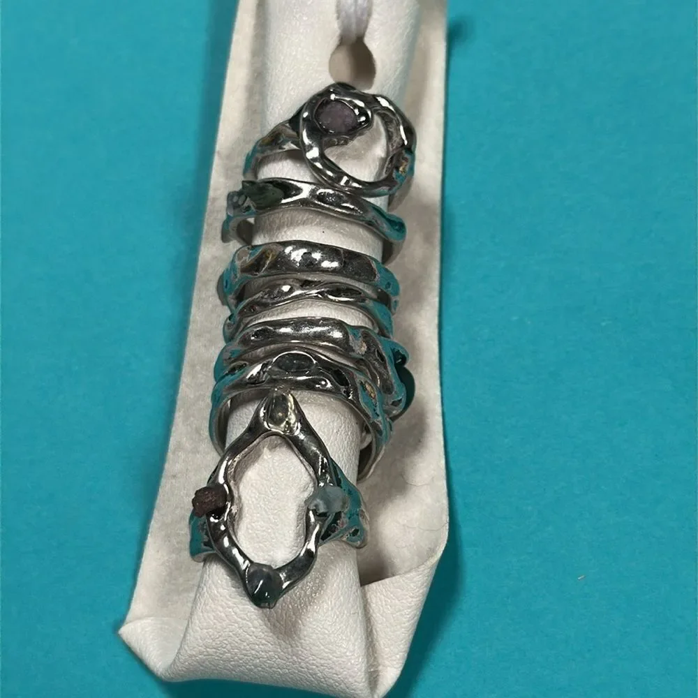 Free People Ring Set Silver Green Stones 7 Rings